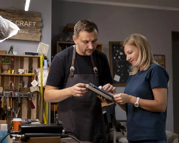 A small business owner and a colleague looking closely at something together in a UK workshop.